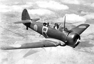 High-angled front right side view of the CAC Wirraway in flight