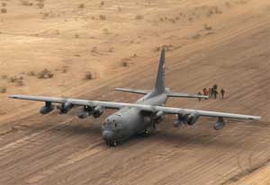 Long distance view of a landed USAF HC-130 transport; USAF image.