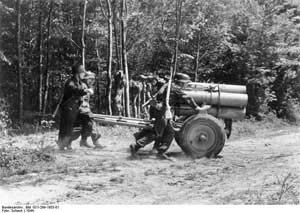 Right side view of the 21-cm Nebelwerfer 42 being transported by hand into position