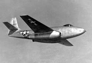 Right side front under view of the Bell XP-83 jet-powered fighter escort prototype in flight; 1945