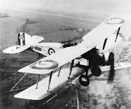High angled right side view of the Bristol F.2 fighter in flight