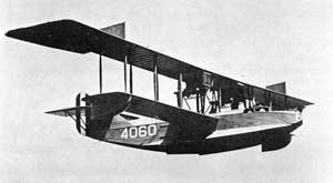 Front right underside view of a Curtiss H-16 Seaplane in flight