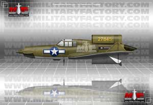 Left side profile illustration view of the Curtiss XP-55 Ascender fighter; color