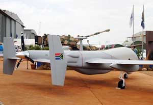 Rear right side view of the Denel Dynamics Bateleur UAV on display at AAD2004