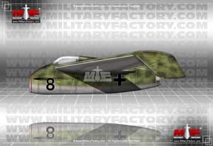 Left side view illustration of the Heinkel He P.1078C jet fighter with fictional markings; color