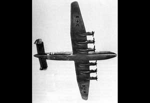 Underside view of a passing Junkers Ju 390 New York Bomber in flight
