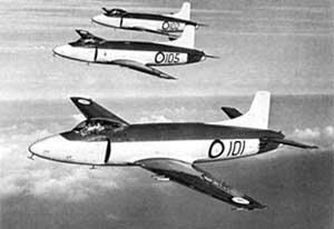 High-angled view of three Supermarine Attackers in flight