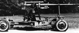 Right side view of the Model 1939 air defense gun ready for transport; note multi-baffled muzzle brake