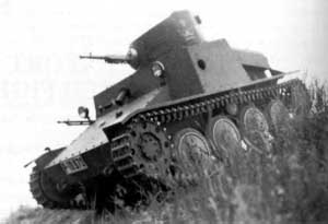 Front left side view of the AH-IV Tankette on the move; note machine gun armament