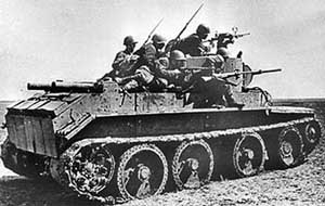 Rear right side view of the BT-7 fast tank with a full complement of infantry