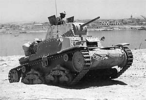 Front right side view of the Carro Armato M13/40 in the desert