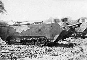 Front right side view of an early-form St. Chamond tank; note main gun and roof structures