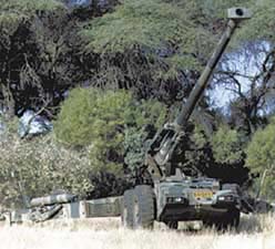 Front view of the Denel G5 155mm howitzer in action; note muzzle brake