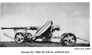 Left side view of a PaK 43 anti-tank gun on a four-wheeled carriage system