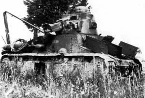 Front right side view of an abandoned Renault Char D1 light tank