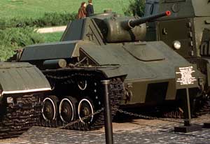 Front right side view of the T-70 light tank on display; color