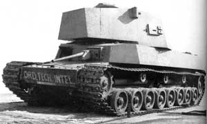 Front left side view of the single infinished prototype of the Type 5 Chi-Ri medium tank