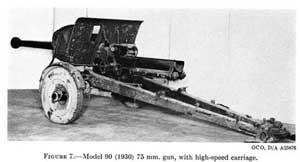 Rear left side view of the Type 90 75mm field gun on a high speed transport carriage