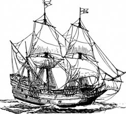 Illustration of the front right side view of a sailing Carrack ship