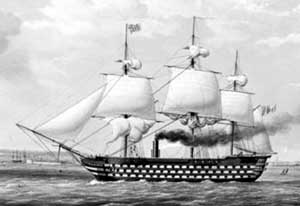 Left side profile view of HMS Duke of Wellington; note smoke stack