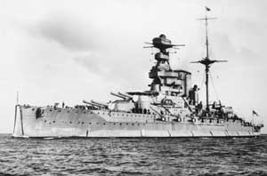 Front left side view of the HMS Warspite dreadnought battleship 