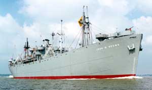 Right side front view of the SS John W. Brown cargo ship; color