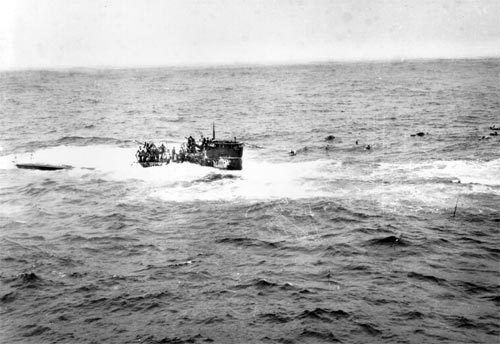 Image from the Public Domain; U-550 shown shelled and sinking.