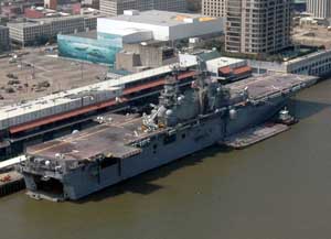Aerial view of the USS Iwo Jima docked in New York City