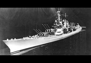 Bow portside view of a model of the USS Montana battleship