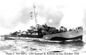 Starboard side view of the USS Samuel B. Roberts DE-413 destroyer escort