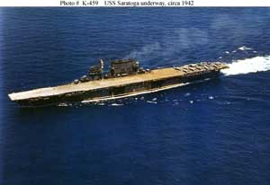 High-angled portside view of the USS Saratoga CV-3 steaming about the seas; color