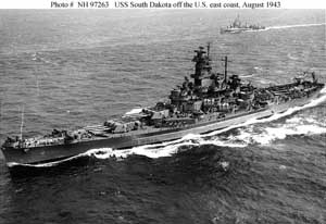 High-angled bow portside view of the USS South Dakota