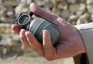 Close-up view of an Arges Type HG 84 fragmentation hand grenade found by US troops in Afghanistan