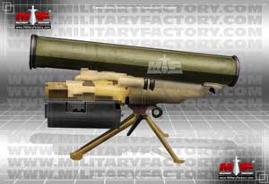 Left side profile illustration view of the AT-7 Saxhorn anti-tank missile launcher; color