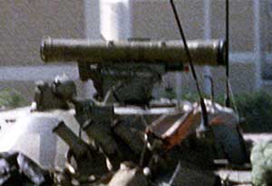Close-up view of the AT-5 Spandrel anti-tank missile launcher atop a BMP-2 carrier