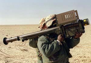 Right side view of a soldier ready to fire the FIM-92 Stinger