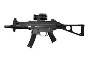 Left side view of the HK UMP with curved magazine, extended stock and optional rail scope