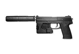 Profile view of a United States Navy SEAL SOCOM pistol.