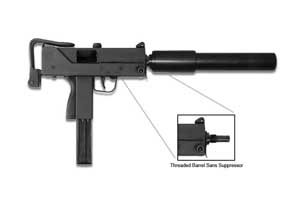 Right side view of the Ingram MAC-10 submachine gun; note folded stock and full magazine length
