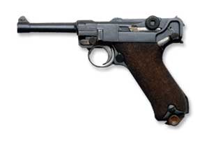 Left side view of the Luger P08 semi-automatic pistol; color.