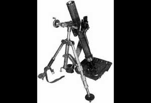 Front left side view of an M19 60mm mortar; complete system with bipod and baseplate