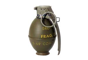Close-up detail view of the American M61 hand grenade; color