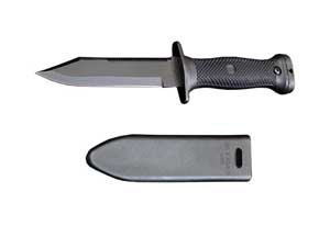 Close up view of the Ontario Mark III Navy Knife with sheath