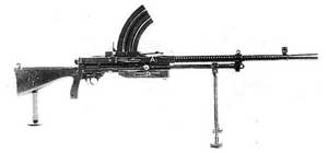 Right side view of the Vickers-Berthier Light Machine Gun, Mark 1; note finned barrel and buttstock monopod