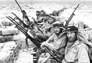 Famous wartime photograph showing British SAS elements with twin-gunned Vickers K mountings on their patrol vehicles; Public Domain.