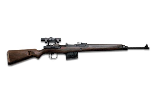 Right side view of the Gew 43 semi-automatic rifle in its sniper form; color.