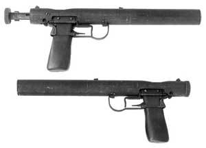 Two views of the Welrod silenced pistol; upper image showcases open bolt; note magazine acting as grip